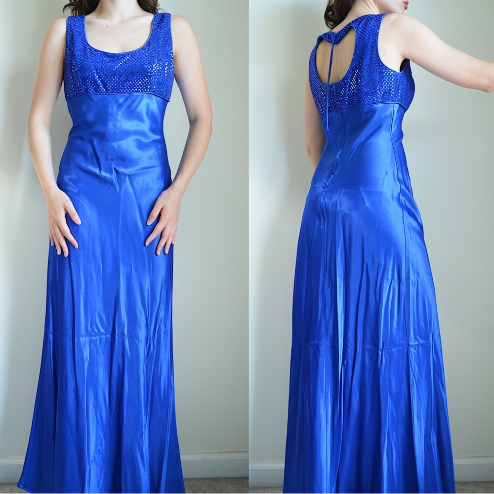 vintage 80s cobalt blue babydoll maxi prom sequins dress from finesse u.s.a.